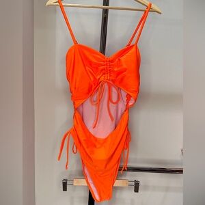 New Bright Orange One-Piece Swimsuit with Ruched Front and High-Cut Legs, XL